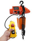 Beefy Electric Chain Hoist Winch With Wireless Remote G80 Steel Chain showing orange motor and yellow control remote.