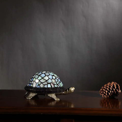 Blue Tiffany Style Stained Glass Accent Table Lamp Night Light For Bedroom And Living Room, turtle-shaped, on table