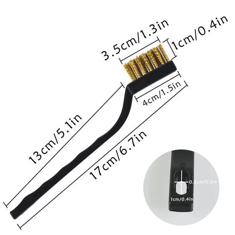 Ten Piece Small Wire Brush Set With Curved Handle For Welding Slag Rust Deburring And Metal Cleaning Ideal For Steel Parts Machinery And Masonry Prep Durable Bristle Scrubbing Kit For Quick Cleanups showing product dimensions and close-up details.