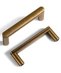 Set Of 6 Cabinet Pulls 3 Inch Center To Center Antique Brass Finish Sleek Minimalist Hardware shown in angled view