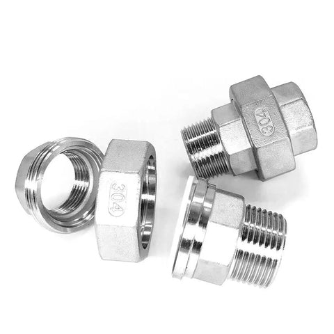 Rock Solid 304 Stainless Steel Coupling Union Pipe Connector featuring Female To Female Threads on display, showing multiple connectors.