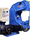 Heavy Duty Three Wheel Belt Grinder Plugs Straight Into Standard 110v Outlet And Serves Up Hella Smooth Variable Speed Tuning Up To 8000 Fpm For Tough Shop Metal Fab Work with blue design, mounted controls, and motor.