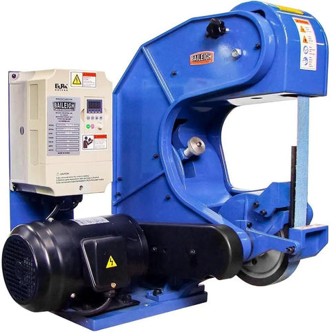 Heavy Duty Three Wheel Belt Grinder Plugs Straight Into Standard 110v Outlet And Serves Up Hella Smooth Variable Speed Tuning Up To 8000 Fpm For Tough Shop Metal Fab Work with blue design, mounted controls, and motor.