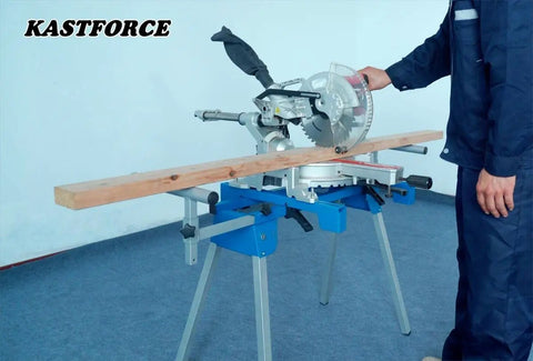 Man operating miter saw on Beefy Built Tough Miter Saw Stand Supports Up To 500 Lb, Adjustable 34.5 To 88 Inch Extension