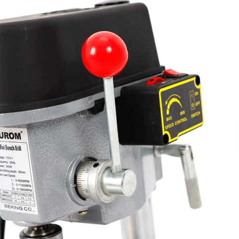 Hella Solid 340W Benchtop Drill Press control panel with red speed adjustment lever and on/off switch for woodworking crafts.