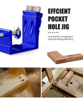 Pro Grade Pocket Hole Jig Kit With Adjustable Punch Locator And 15 Degree Drill Guide 45 Piece Set in use for wood joinery
