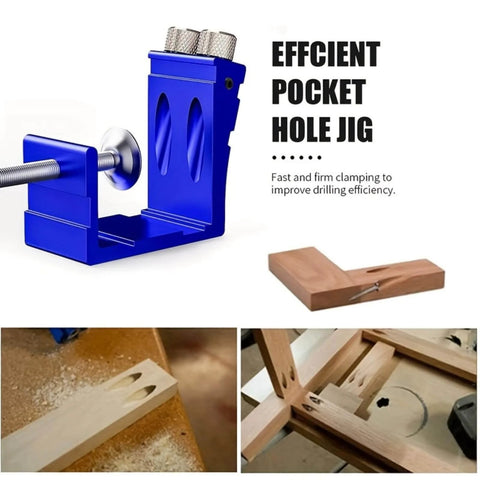 Pro Grade Pocket Hole Jig Kit With Adjustable Punch Locator And 15 Degree Drill Guide 45 Piece Set in use for wood joinery