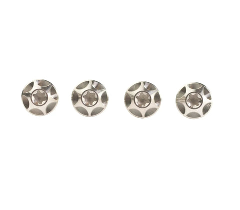 Slick Premium Grade Five Titanium Water Bottle Cage Screws Set Of Four M5x12mm T25 Torx Drive shown from above.