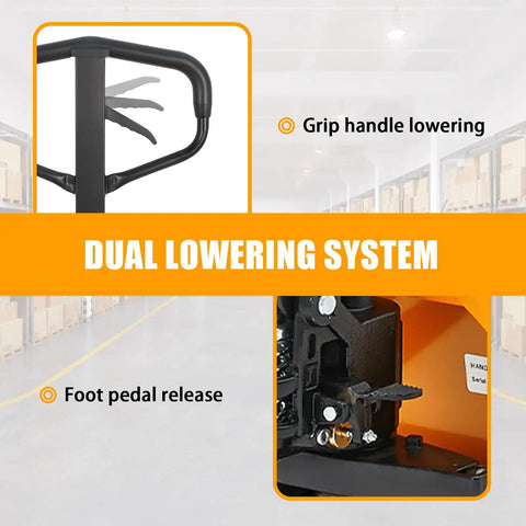 Apollolift Hydraulic Pallet Jack Truck, 5500 Lb Capacity, showing dual lowering system with grip handle and foot pedal release.