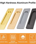 Various colored aluminum flush sliding door pull handles in gold, bronze, silver, and matte black for barn doors and cabinets.