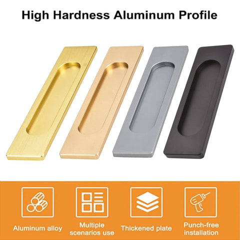 Various colored aluminum flush sliding door pull handles in gold, bronze, silver, and matte black for barn doors and cabinets.