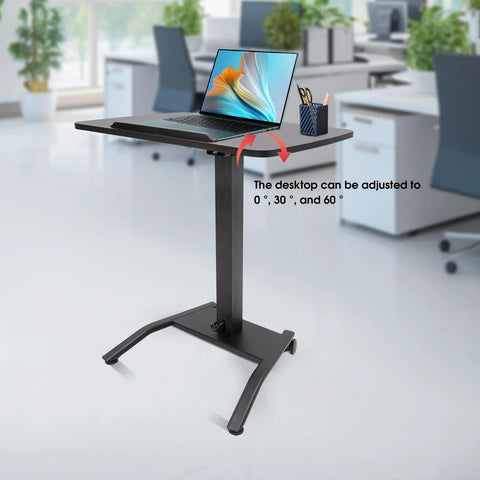 Premium Adjustable Height Standing Desk With Smooth Foot Pedal Operation And Fully Rolling Ergonomic Office Station with laptop and adjustable desktop.