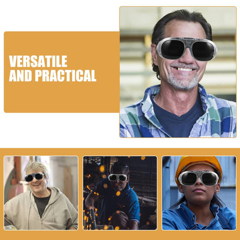 Boss Grade Welding Protective Glasses With Flexible Splash Visor And Full Spectrum Dust Control Black Gray Optical Lens worn by tradesmen.