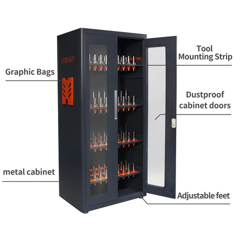 Heavy Duty CNC Tool Cabinet CAT40 Tool Holder Rack With ABS Buffering Liners Water Resistant Steel Workshop Storage System, opened view with tool holders.