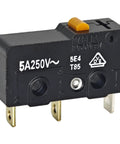 Six Pack Pin Plunger Micro Switches With SPDT N O N C High Current 5A at 125V AC or 3A at 250V AC Heavy Duty Small Switches for Appliances Controls and DIY Projects featuring a black micro switch with gold contacts.