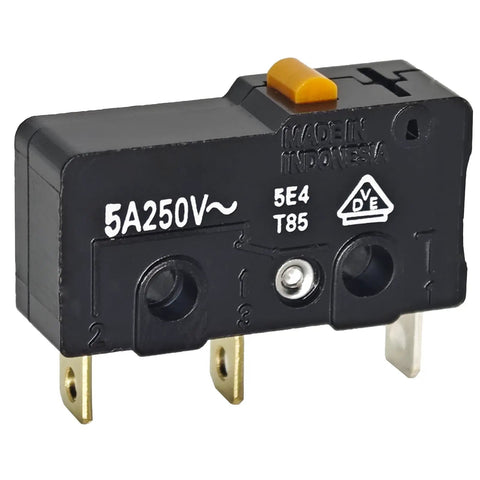 Six Pack Pin Plunger Micro Switches With SPDT N O N C High Current 5A at 125V AC or 3A at 250V AC Heavy Duty Small Switches for Appliances Controls and DIY Projects featuring a black micro switch with gold contacts.