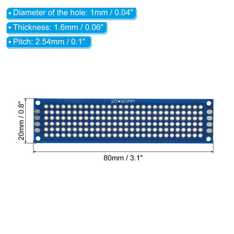 Double Sided FR4 PCB Board 8x2 Cm Blue 1.6 mm Thick 20 Pcs Perfboard Grid 2.54 mm for DIY soldering with hole and pitch dimensions
