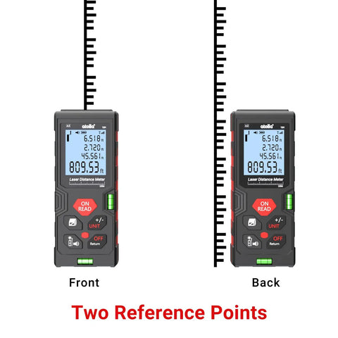 Front and back view of Pro Grade Digital Laser Measuring Tool With 328 Feet Range, displaying measurements on backlit LCD