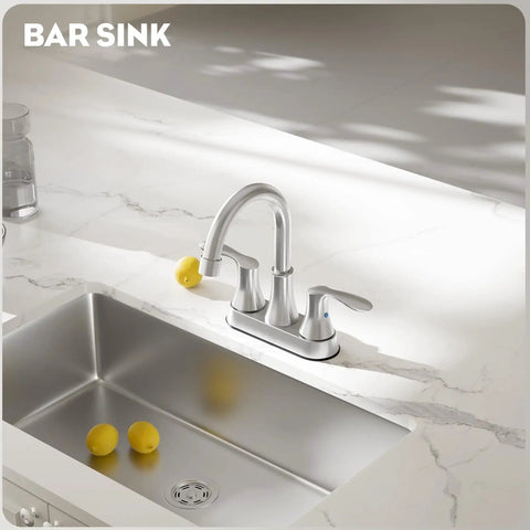 Commercial Bar Sink Faucet With 4 Inch Center Deck Mount, 2-Hole Brass Construction In Brushed Nickel, Dual Lever Handles, Built Tough Utility Laundry Faucet For Sinks, WF032-BG