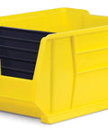 Yellow heavy-duty storage bin with black width divider, designed for tools and parts, maximizing space and visibility.