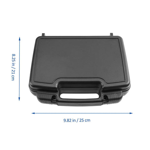 Hardcore Plastic Toolbox With Smooth Detachable Tray Tool Organizer shown from above, black hard case with dimensions 9.82 in x 8.25 in.