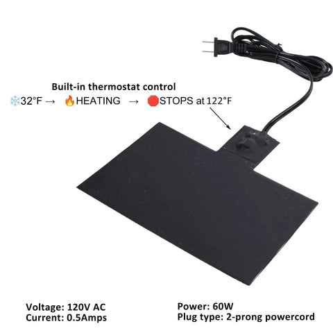 Heavy Duty Silicone Battery Heater Pad featuring Smart Thermostat Control, 120V, 60W, designed to warm car batteries.