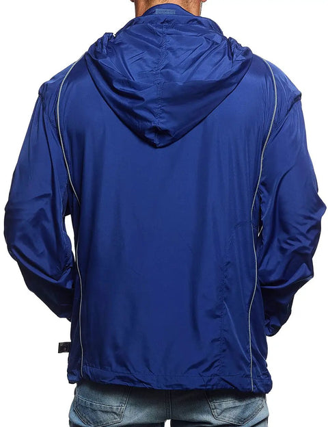 Back view of Men's G-Force 638 Lightweight Jacket with mesh ventilation, hidden hood, Raglan sleeves in royal blue.