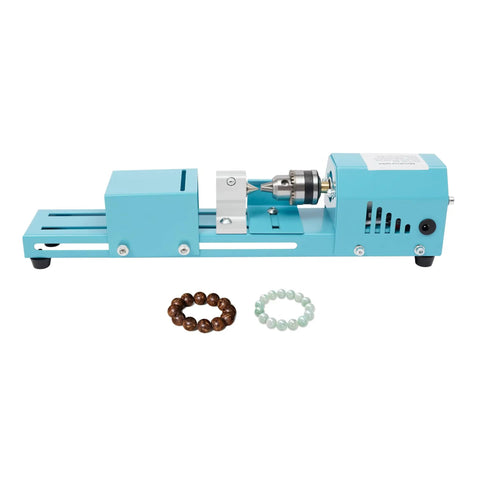 96W Mini Wood Lathe Machine With Pure Copper Motor 7 Adjustable Speeds For Hobbyist Woodturning, showing blue machine with beads.