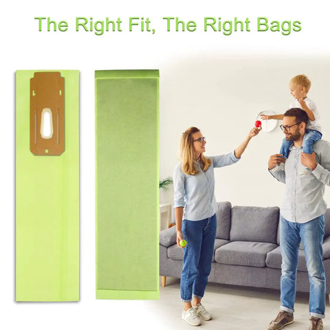 Heavy Duty Replacement Vacuum Bags Kit For Upright Vacuums Including XL Series Elevate Classic Silver Gold And More Fits XL2100rhs U2000R1 U2000RB1 displayed next to family scene