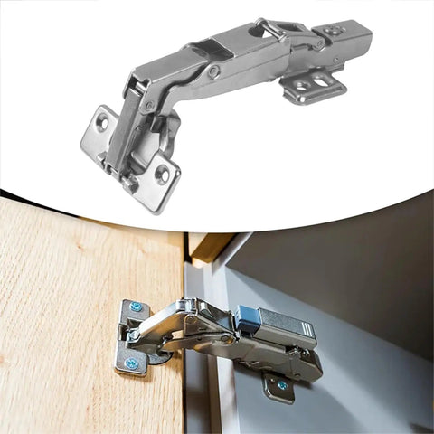 No Squeak Soft Close Hydraulic Cabinet Hinge installed on frameless cupboard door, showing metal full overlay design.