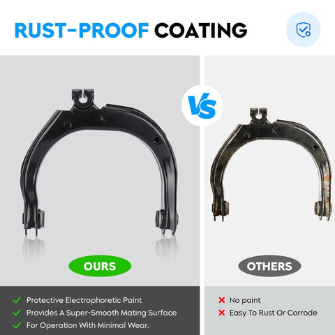 Comparison of rust-proof and non-rust-proof upper control arms for 02-09 Chevy Trailblazer, GMC Envoy, and similar models.