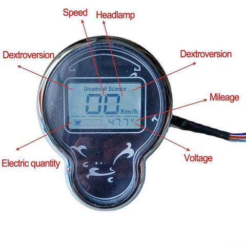 Kick It Up A Notch With This 72V Waterproof Ebike LCD Display Speedometer For 48-72V Scooters And Trikes Featuring 6 Pin Interface Bright Backlit Screen For Easy Night Riding And Crisp Data Reads, round LCD speedometer with wired connector