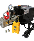Six Quart Electric Hydraulic Pump Power Unit For Dump Trailers 12V DC Double Acting Hydraulic Pump With Metal Oil Reservoir High Flow Lift System 0.91 GPM Up To 3200 PSI Heavy Duty Trailer Lifting.