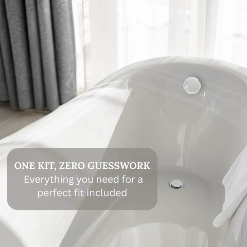 27 Inch Cable Drive Bathtub Drain Trim Kit With White Powder Coated Rotary Knob Standard Pop Up Stopper Strainer Plate visible in bathtub design.