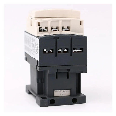 AC Electromagnetic Contactor Three-Phase 3P 3NO, 12A Load, 120V Coil, Heavy-Duty Beefed-Up Industrial Relay For Motors And Control Panels, Reliable Start-Stop Switching For High-Current Machinery; front view