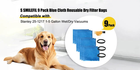 9 Pack Blue Cloth Reusable Dry Filter Bags For Stanley Shop Vac 1 To 5 Gallon Wet And Dry Vacuums with dog in background.