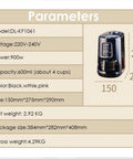 Fully Automatic Coffee Maker With Built In Bean Grinder And Smart Led Touch Display brewing specs and dimensions for 4 cups of coffee.