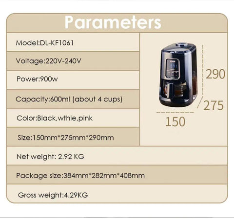 Fully Automatic Coffee Maker With Built In Bean Grinder And Smart Led Touch Display brewing specs and dimensions for 4 cups of coffee.
