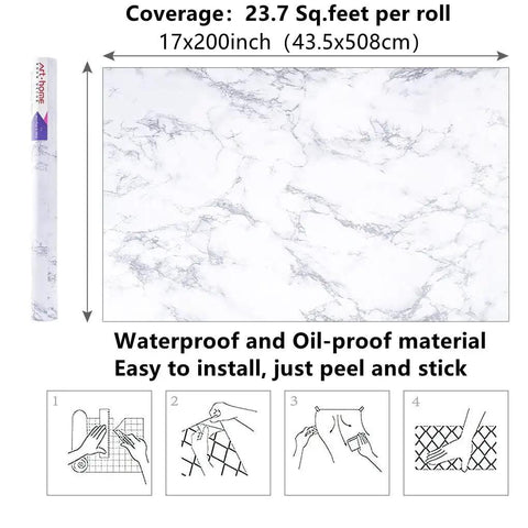 White Marble Peel And Stick Contact Paper Self Adhesive Wallpaper for counters 17x240 inches, waterproof material display.