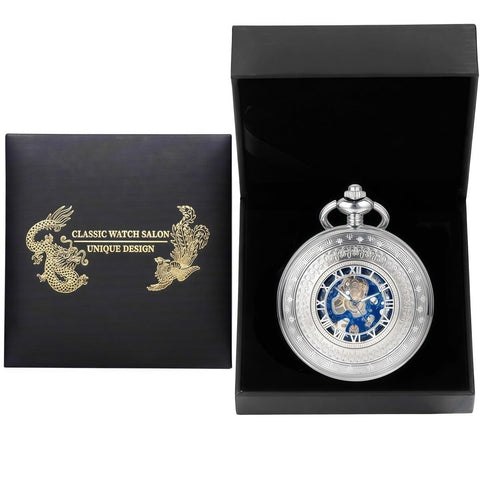 Vintage Skeleton Pocket Watch For Men With Chain Real Deal Mechanical Timepiece With Roman Numerals Silver Blue Case Elegant Engraved Cover Classic Antique Style For Everyday Wear