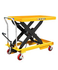 Super Smooth Operation Mobile Scissor Lift Table Featuring Foot Controlled Hydraulic Pump, yellow and black, with ergonomic handle.