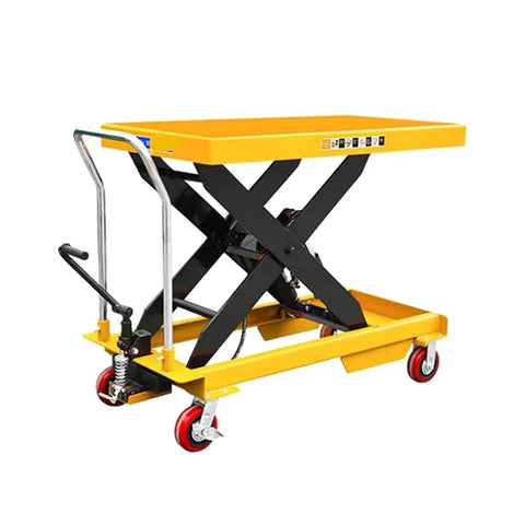 Super Smooth Operation Mobile Scissor Lift Table Featuring Foot Controlled Hydraulic Pump, yellow and black, with ergonomic handle.