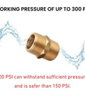 Brass 3/4 Inch NPT Nipple Set With Hex Two Piece Male Pipe Fittings, 300 PSI highlighted, straight connector pressure feature