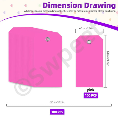 200Pcs Must Have Pink Waterproof Writable Eyelet Hole Plastic Tags With Wires Assortment Kit dimensions diagram