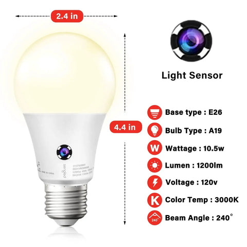 Outdoor Dusk To Dawn LED Light Bulb A19 3000K Soft White, 1200 Lumens, 10.5W Equivalent, with photocell sensor diagram