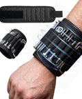 Adjustable Magnetic Wristband For Screws Nails And Small Tools Perfect For Mechanics Handymen And DIYers Keeps Tiny Parts Secure On Your Wrist For Quick Access And Faster Builds With Pro Grade Convenience. black adjustable magnetic wristband with Velcro strap holding screws and drill bits