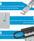 Built Tough 120 Amp Battery Quick Disconnect Connector Kit includes terminals, flame retardant material, and waterproof cap.