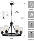 Diagram of Six Light Farmhouse Wagon Wheel Chandelier for Dining Room, measurements, and features for modern black industrial design.