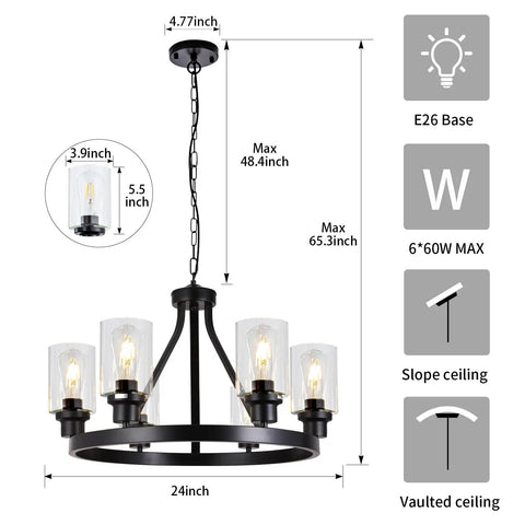 Diagram of Six Light Farmhouse Wagon Wheel Chandelier for Dining Room, measurements, and features for modern black industrial design.