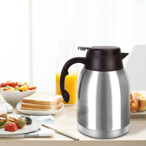 54oz Stainless Steel Thermal Coffee Carafe Dispenser No Spill With Unbreakable Double Wall Vacuum Insulation on brunch table